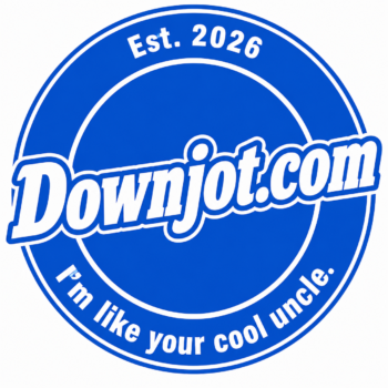 Blue and white circles with the site name, Downjot.com, written across them.
