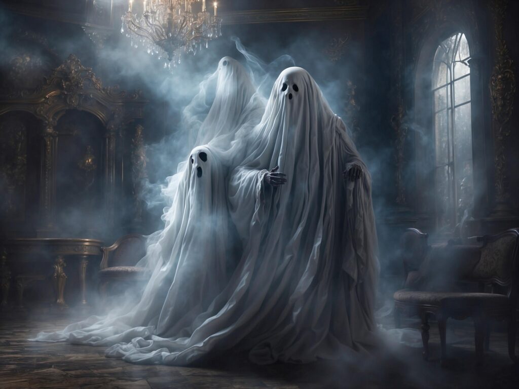 Ghostly figures in an old manor house.