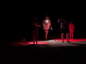 A small group of people on the beach at night with red lights.