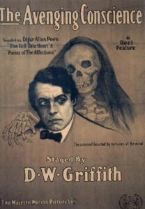 The neck and head of a skeleton is visible behind a frightened man. It's bony hand is hovering above his shoulder.