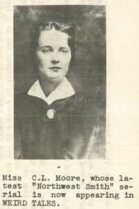 A newspaper clipping of one of the early women science fiction writers, Catherine L. Moore.