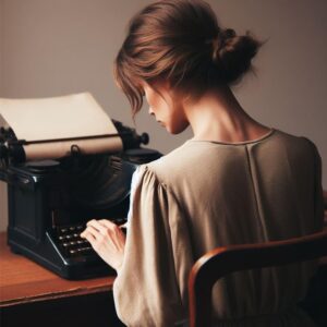 A rear view of a woman at a typewriter .